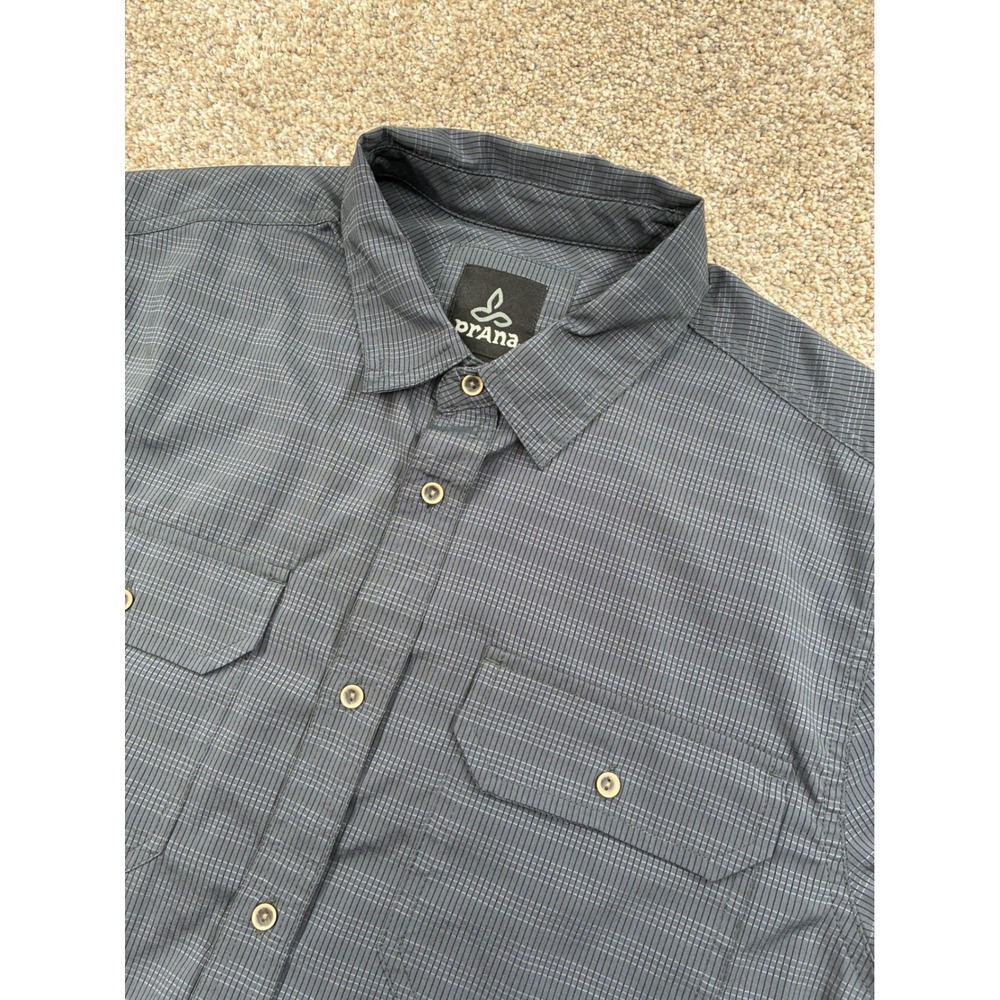 Prana Mens Medium Gray Grid Short Sleeve Button Down Hiking Travel Shirt #0884